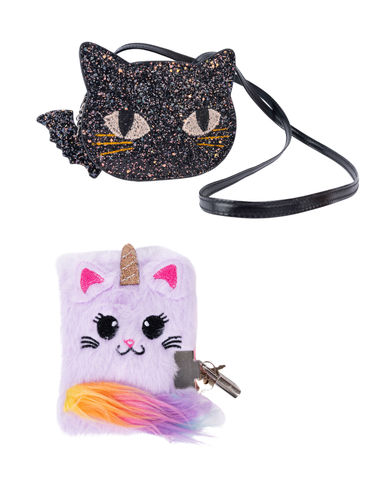Magical Caticorn Journal and Black Kitty Purse, 2pc Bundle